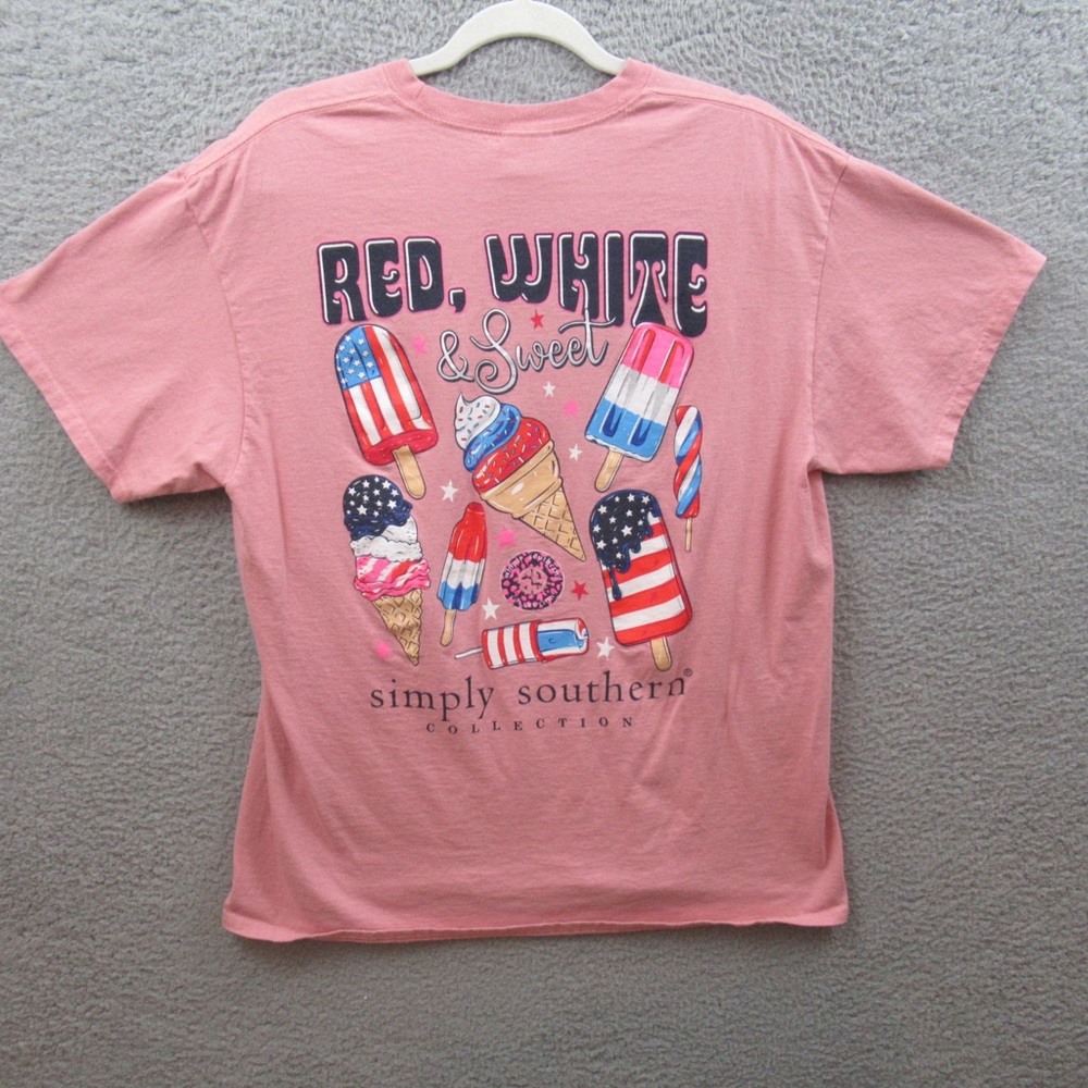 Simply Southern Womens Shirt Large Pink Short Sleeve Ice Cream USA 4th Preppy